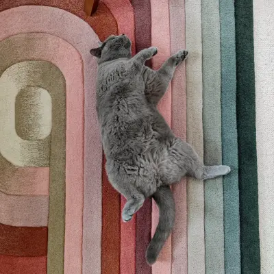 Handtufted rug in pink, cream, and green gradients to match the interior in the master bedroom. With spiral, curved shape