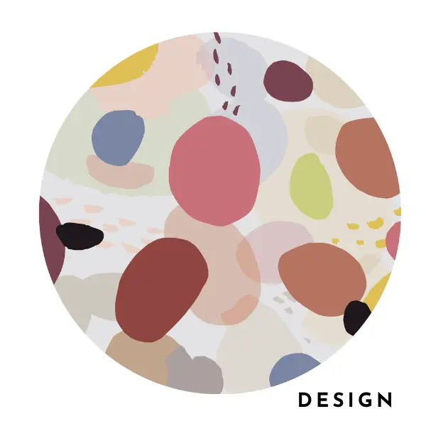 Aquarelle originale de l'artiste textile Ella Hartweger, aux magnifiques tons pastel et aux formes rondes qui se chevauchent, qui a inspiré le tapis kilim rond sur mesure.