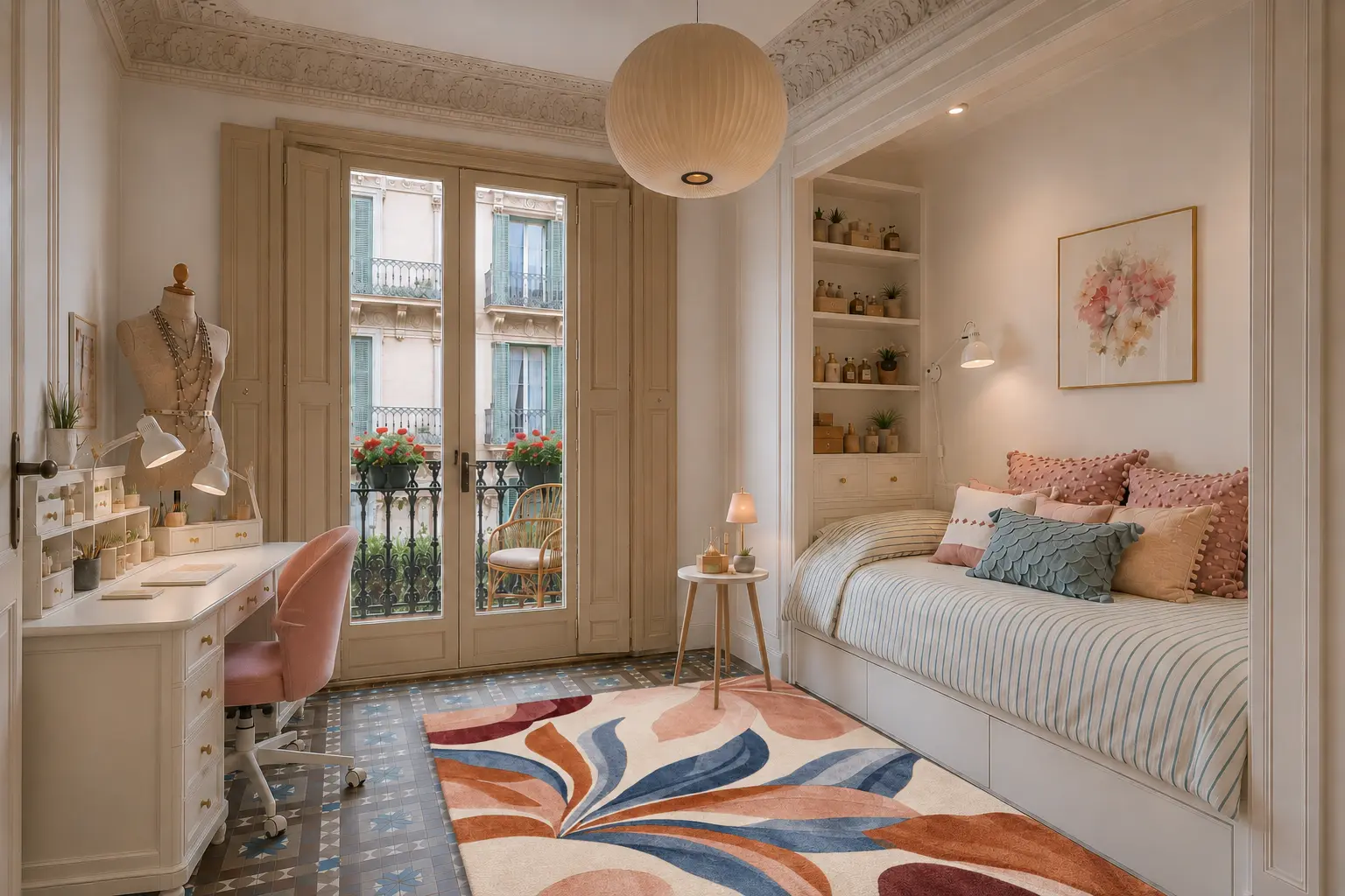 Schlafzimmer der Tochter im Teenageralter, Wohnung in Barcelona: maßgefertigter Teppich